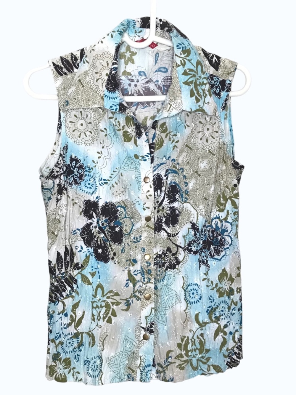 Women’s Sleeveless Button Front Blouse Blue Floral Boho Top Lightweight Size M